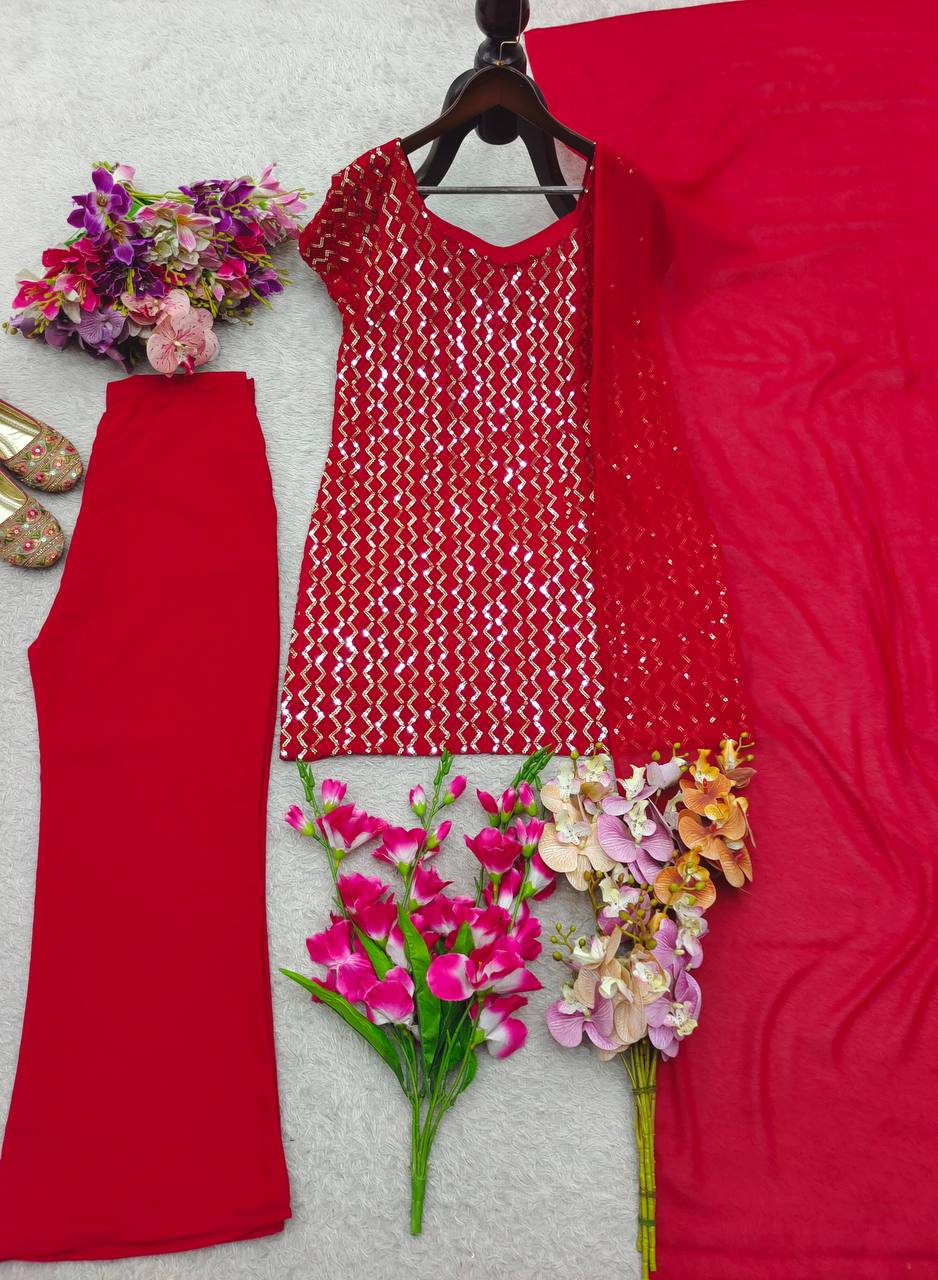 Red pure fox georgette with embroidery sequences work top, bottom and dupatta