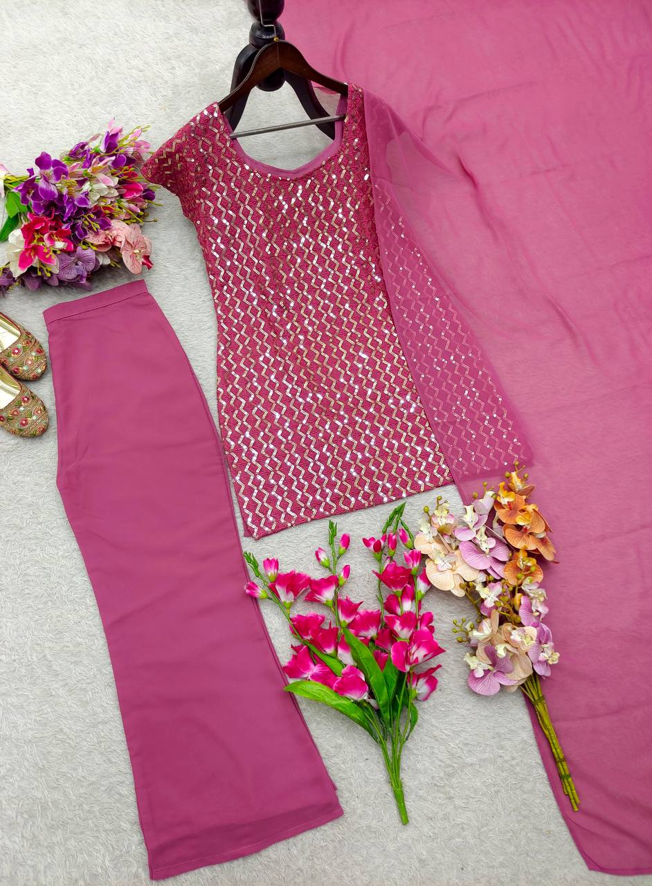 Pink pure fox georgette with embroidery sequences work top, bottom and dupatta