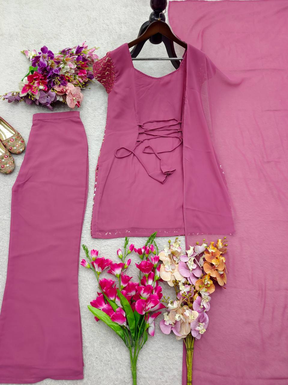 Pink pure fox georgette with embroidery sequences work top, bottom and dupatta