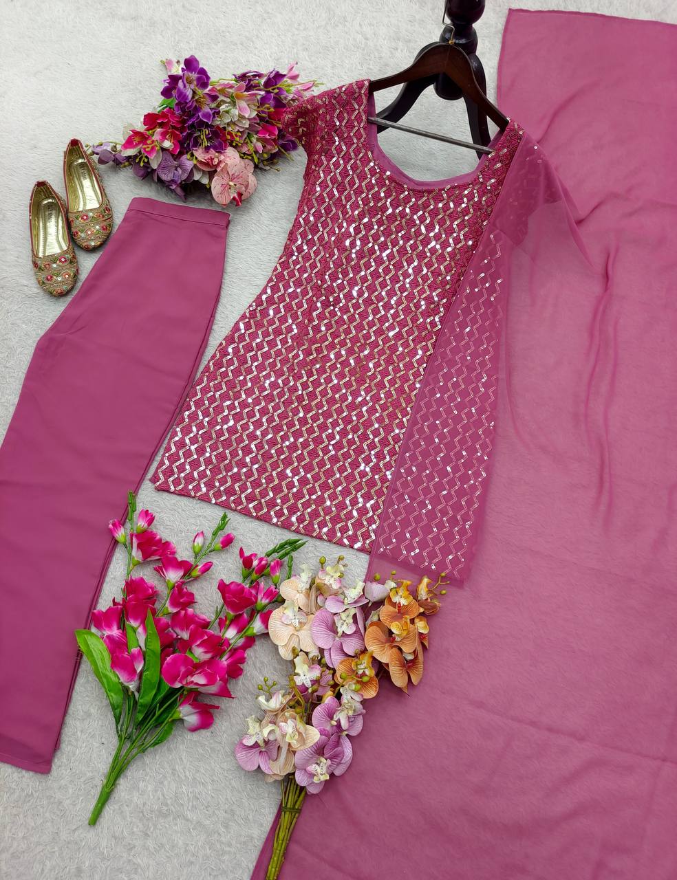 Pink pure fox georgette with embroidery sequences work top, bottom and dupatta