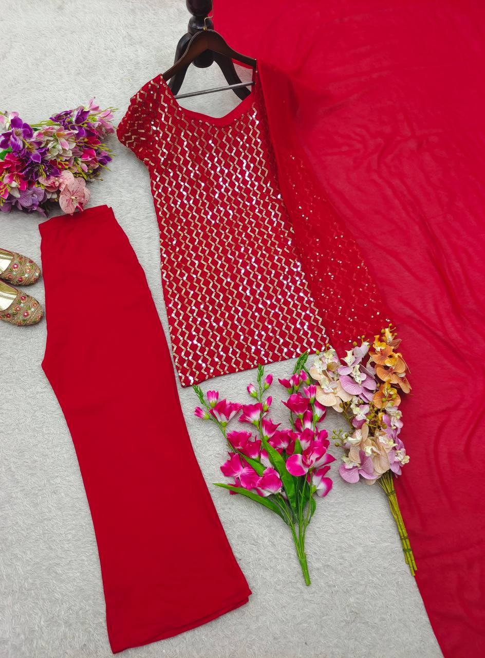 Red pure fox georgette with embroidery sequences work top, bottom and dupatta