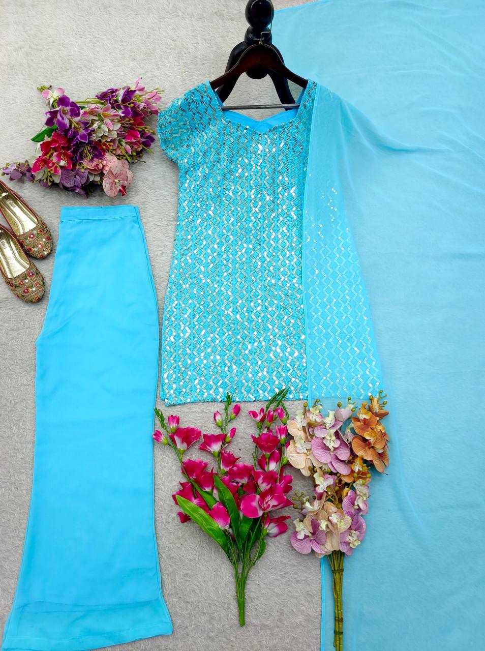 Blue pure fox georgette with embroidery sequences work top, bottom and dupatta