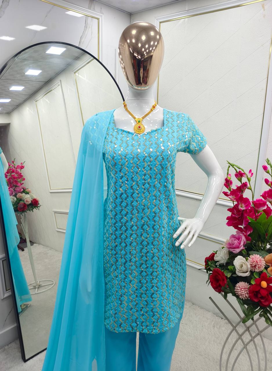 Blue pure fox georgette with embroidery sequences work top, bottom and dupatta