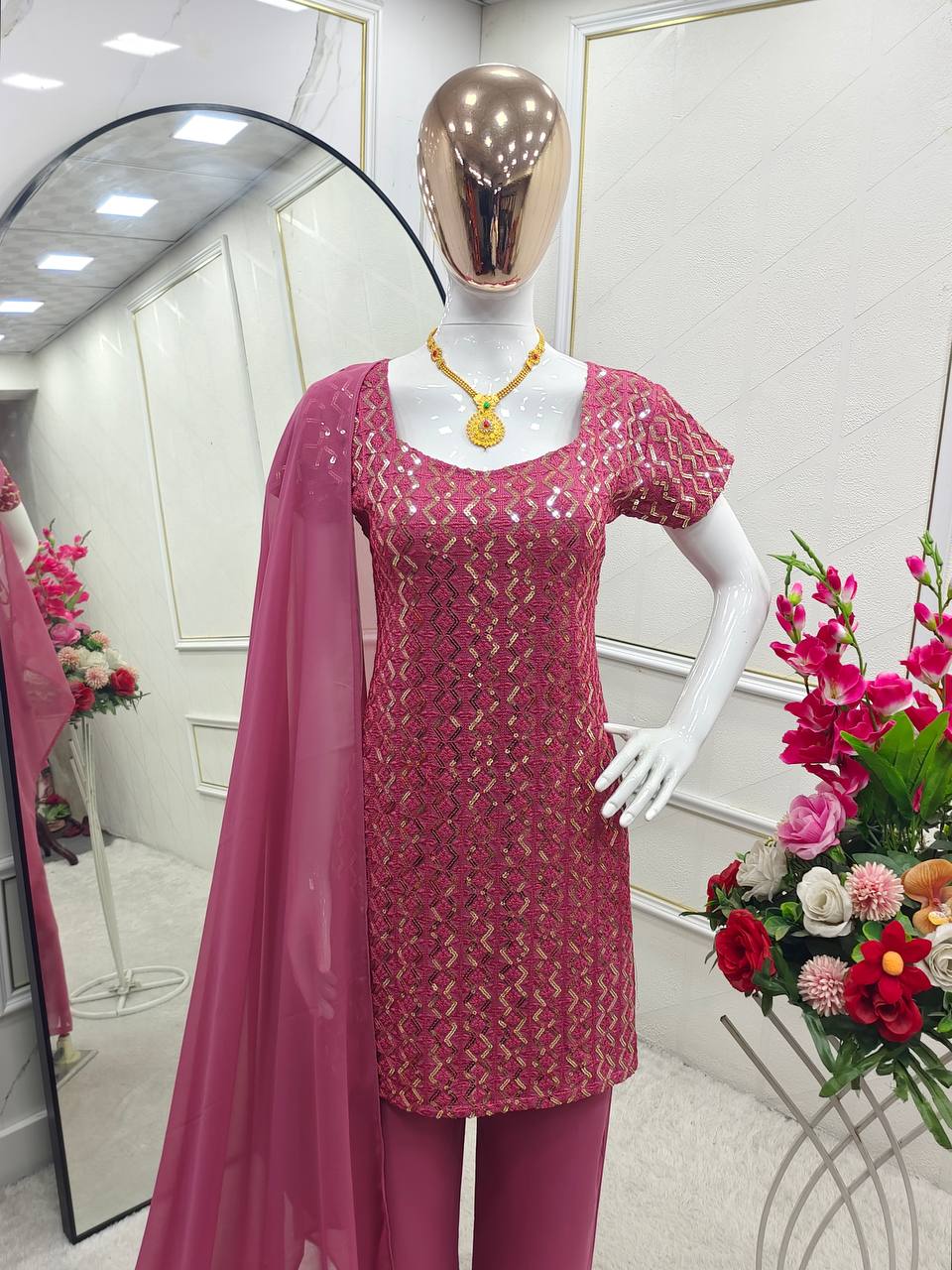 Pink pure fox georgette with embroidery sequences work top, bottom and dupatta
