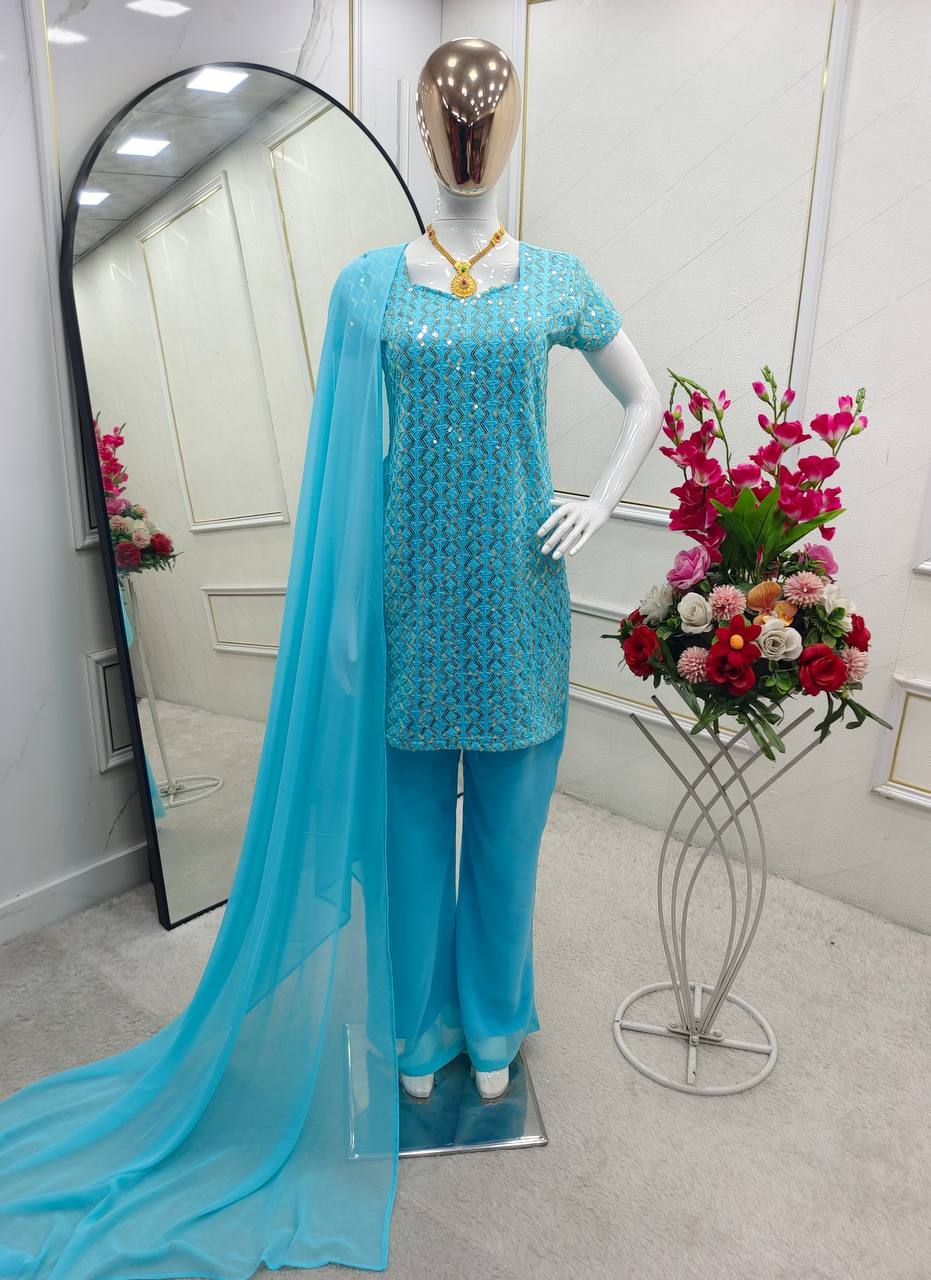 Blue pure fox georgette with embroidery sequences work top, bottom and dupatta