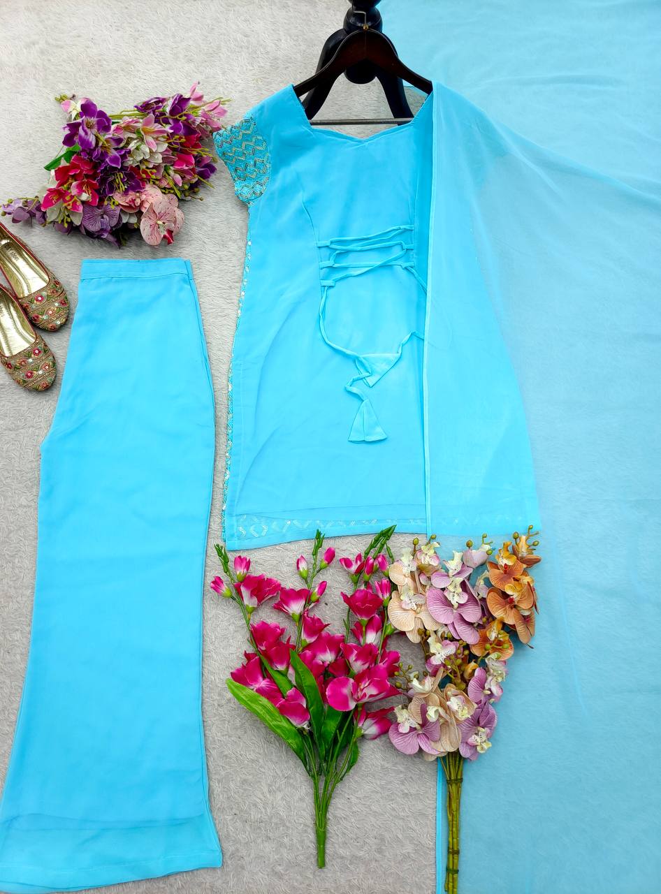 Blue pure fox georgette with embroidery sequences work top, bottom and dupatta
