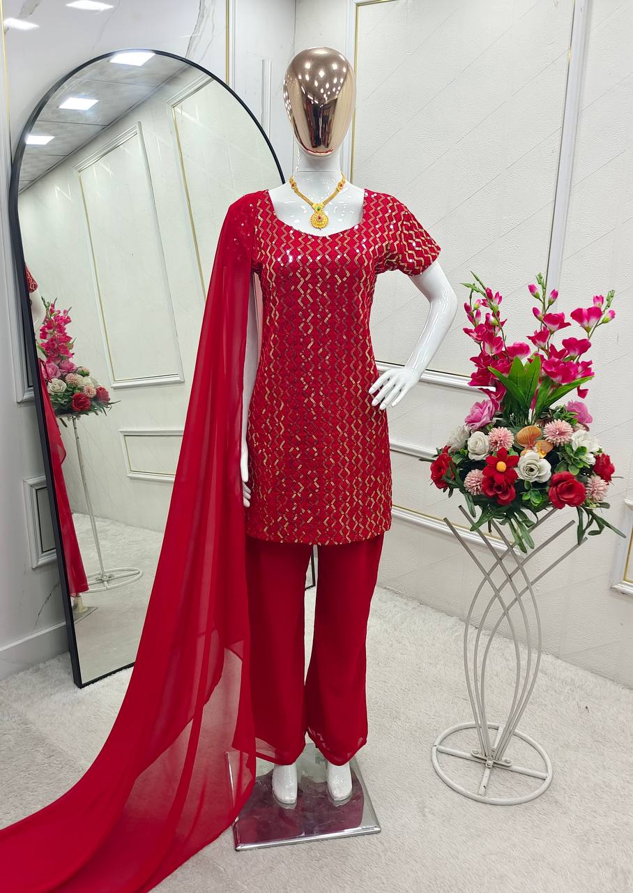 Red pure fox georgette with embroidery sequences work top, bottom and dupatta