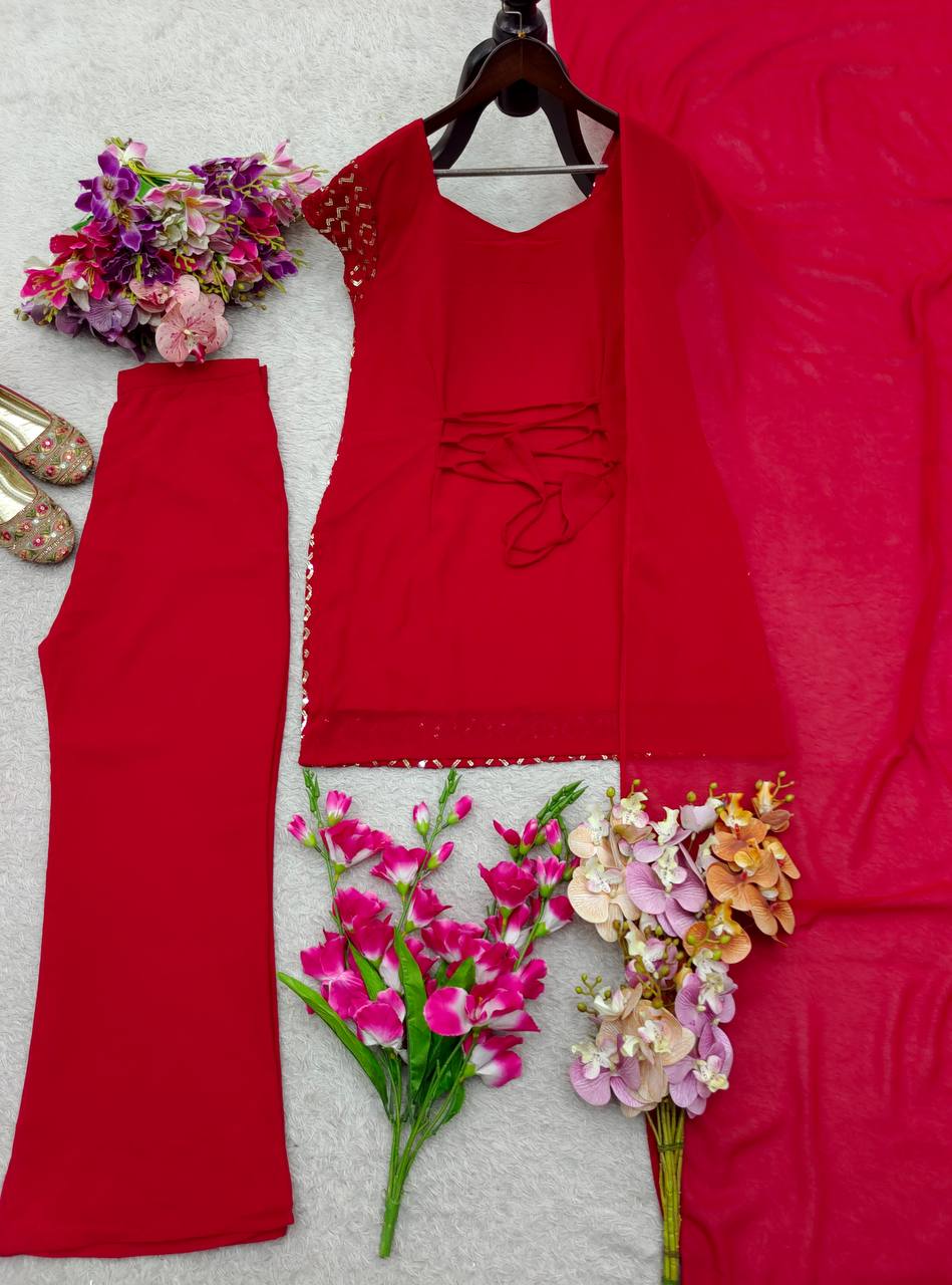 Red pure fox georgette with embroidery sequences work top, bottom and dupatta