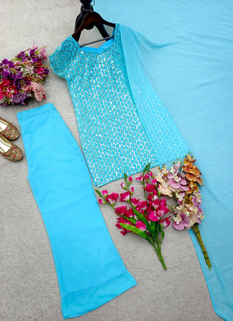 Blue pure fox georgette with embroidery sequences work top, bottom and dupatta
