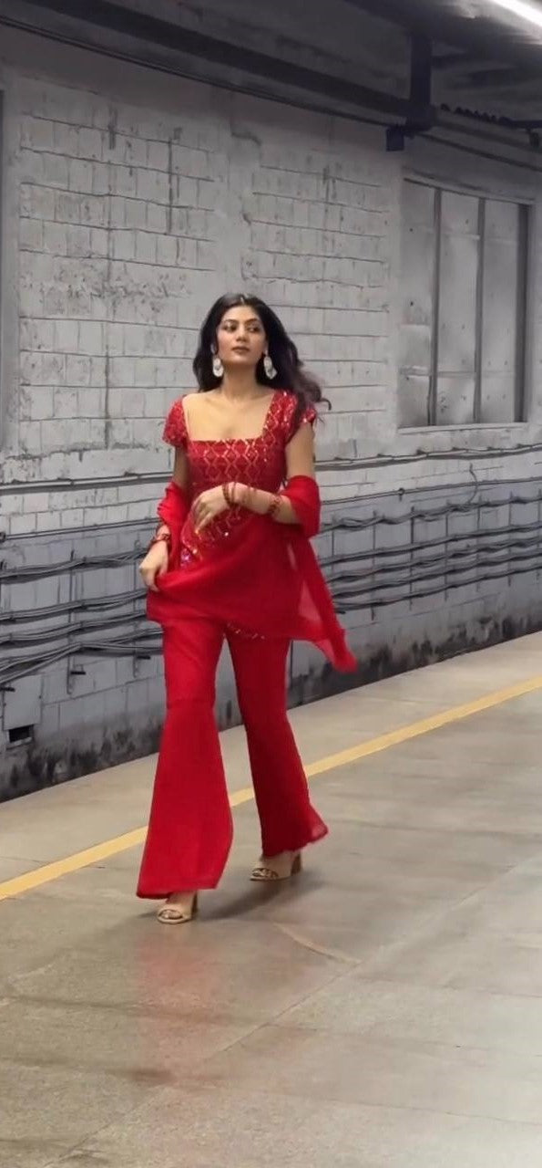 Red pure fox georgette with embroidery sequences work top, bottom and dupatta