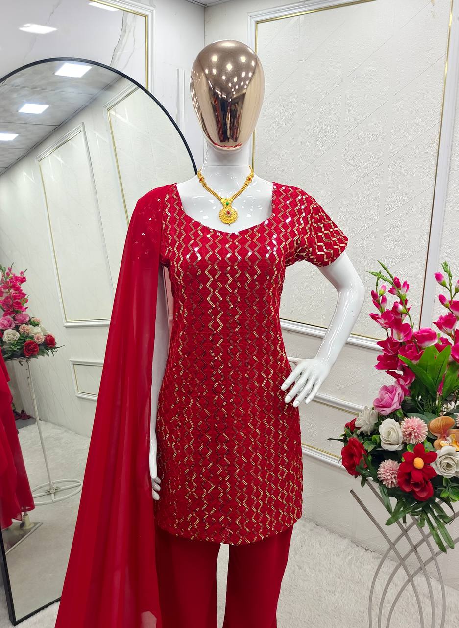 Red pure fox georgette with embroidery sequences work top, bottom and dupatta