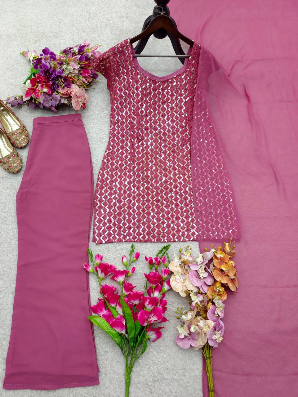 Pink pure fox georgette with embroidery sequences work top, bottom and dupatta