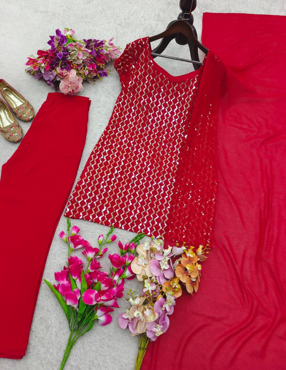 Red pure fox georgette with embroidery sequences work top, bottom and dupatta