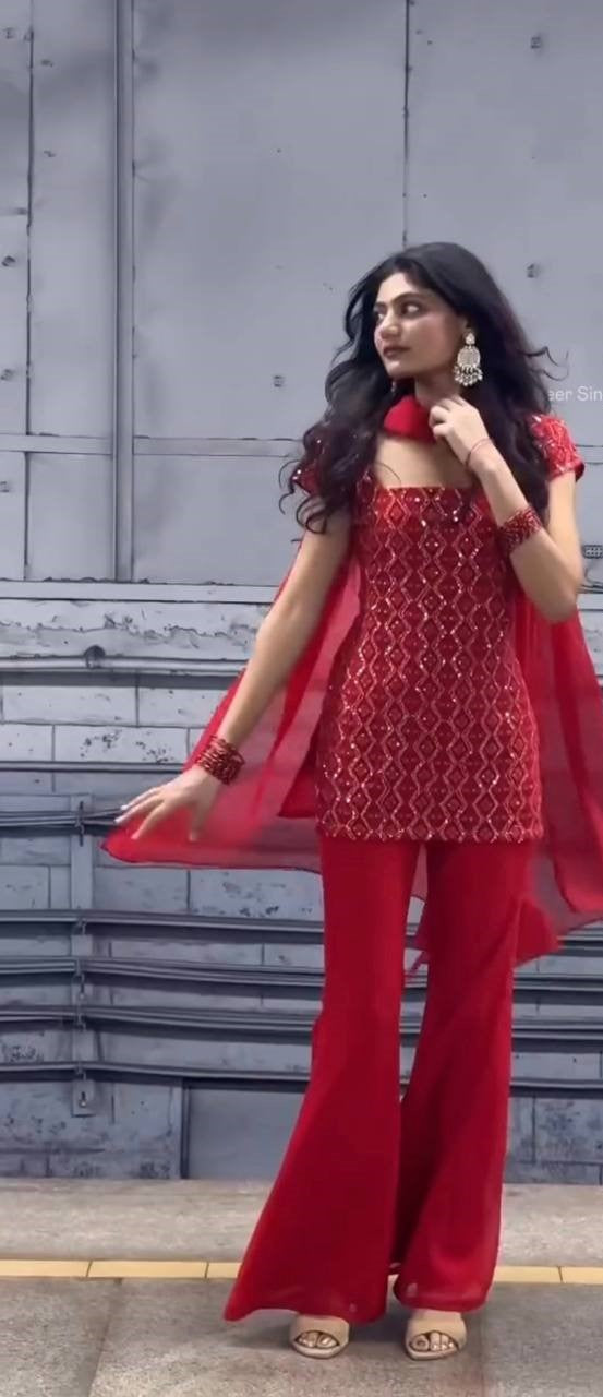 Red pure fox georgette with embroidery sequences work top, bottom and dupatta