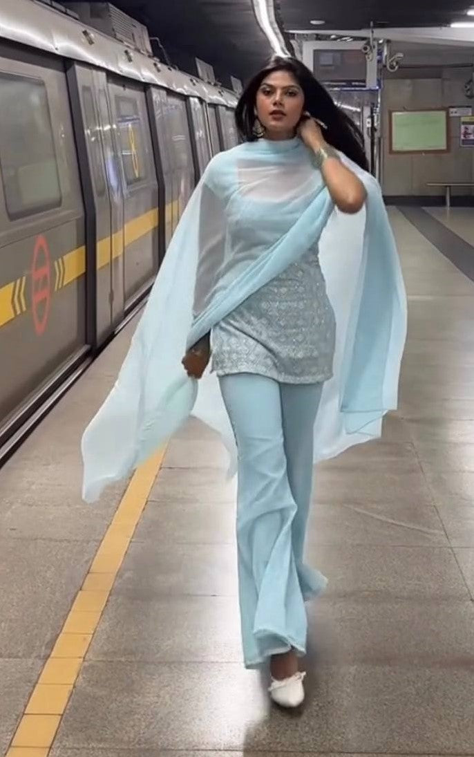 Blue pure fox georgette with embroidery sequences work top, bottom and dupatta