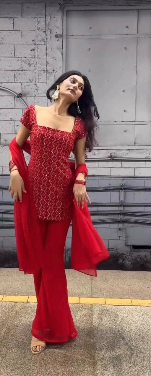 Red pure fox georgette with embroidery sequences work top, bottom and dupatta