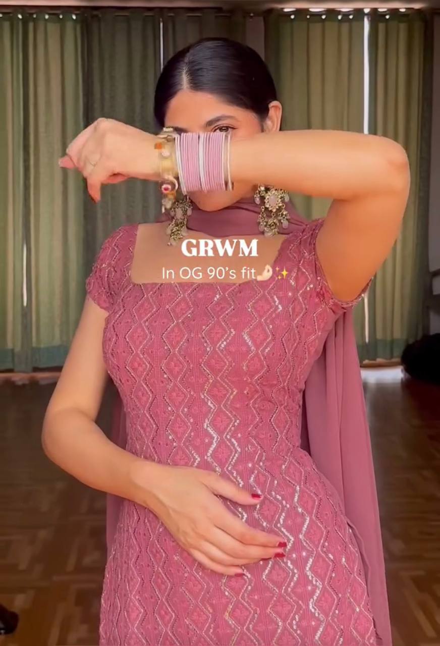 Pink pure fox georgette with embroidery sequences work top, bottom and dupatta