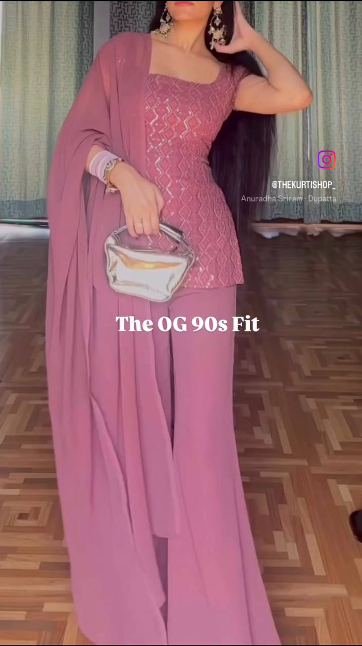 Pink pure fox georgette with embroidery sequences work top, bottom and dupatta