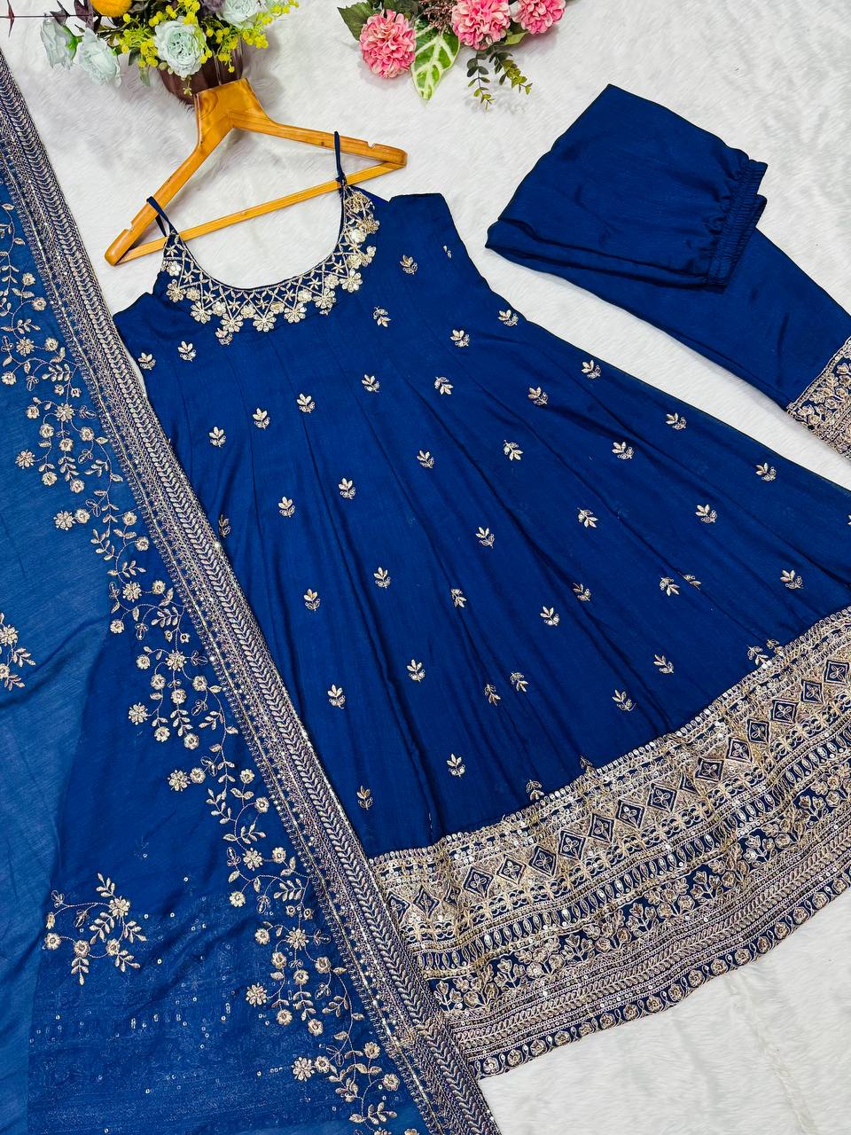 Navy blue vichitra silk heavy embroidery work anarkali suit set