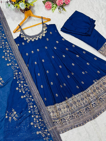 Navy blue vichitra silk heavy embroidery work anarkali suit set