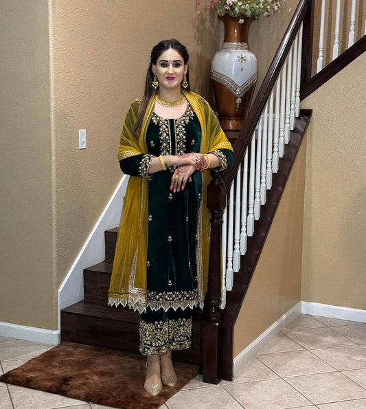 Dark Green velvet embroidery work with lace kurti palazzo and dupatta