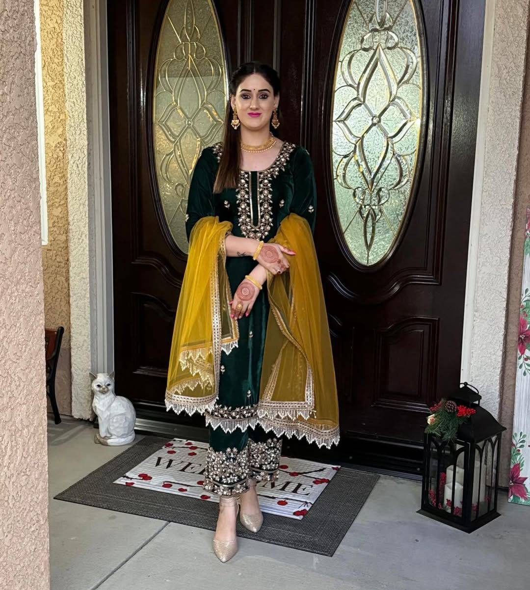 Dark Green velvet embroidery work with lace kurti palazzo and dupatta