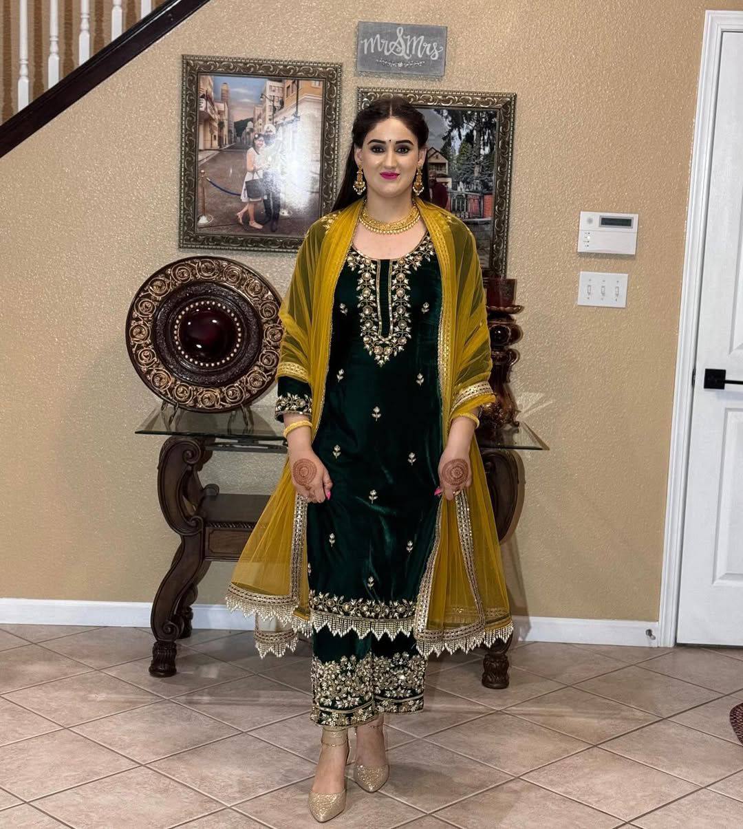 Dark Green velvet embroidery work with lace kurti palazzo and dupatta