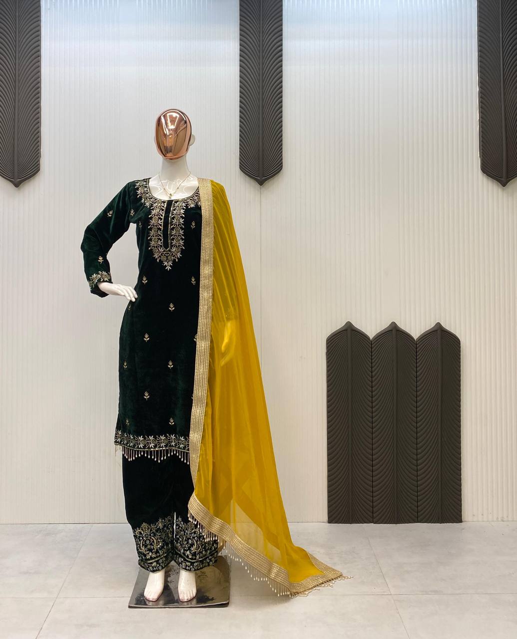 Dark Green velvet embroidery work with lace kurti palazzo and dupatta