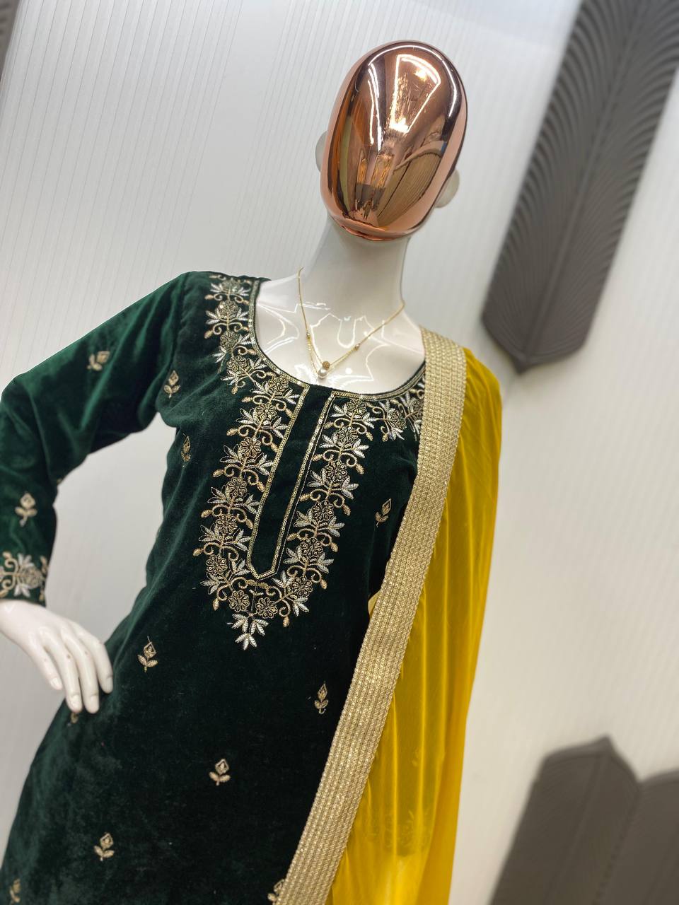 Dark Green velvet embroidery work with lace kurti palazzo and dupatta