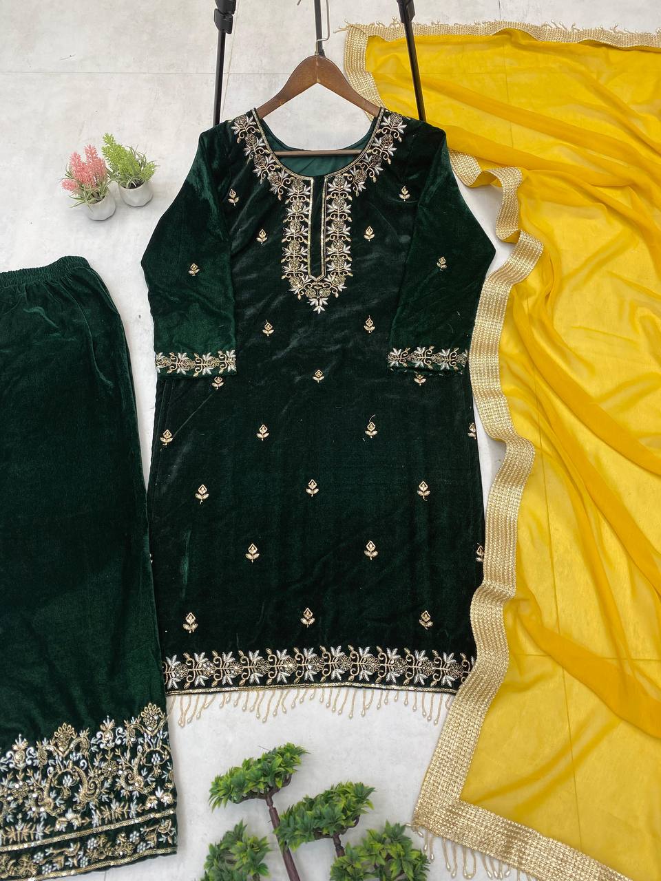 Dark Green velvet embroidery work with lace kurti palazzo and dupatta