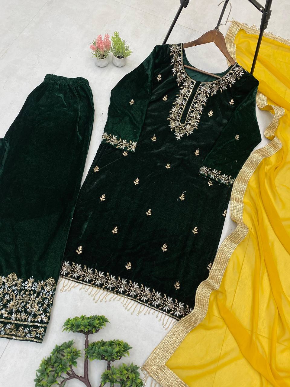 Dark Green velvet embroidery work with lace kurti palazzo and dupatta