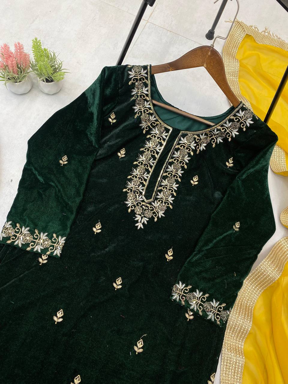 Dark Green velvet embroidery work with lace kurti palazzo and dupatta