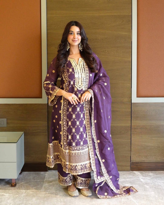 Purple heavy pure Chinon with embroidery ready to wear dress