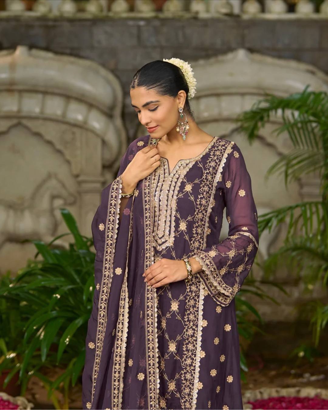 Purple heavy pure Chinon with embroidery ready to wear dress