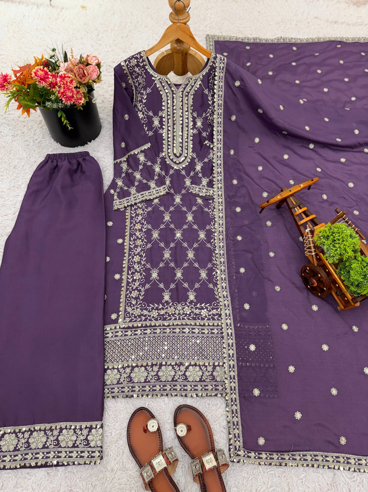 Purple heavy pure Chinon with embroidery ready to wear dress