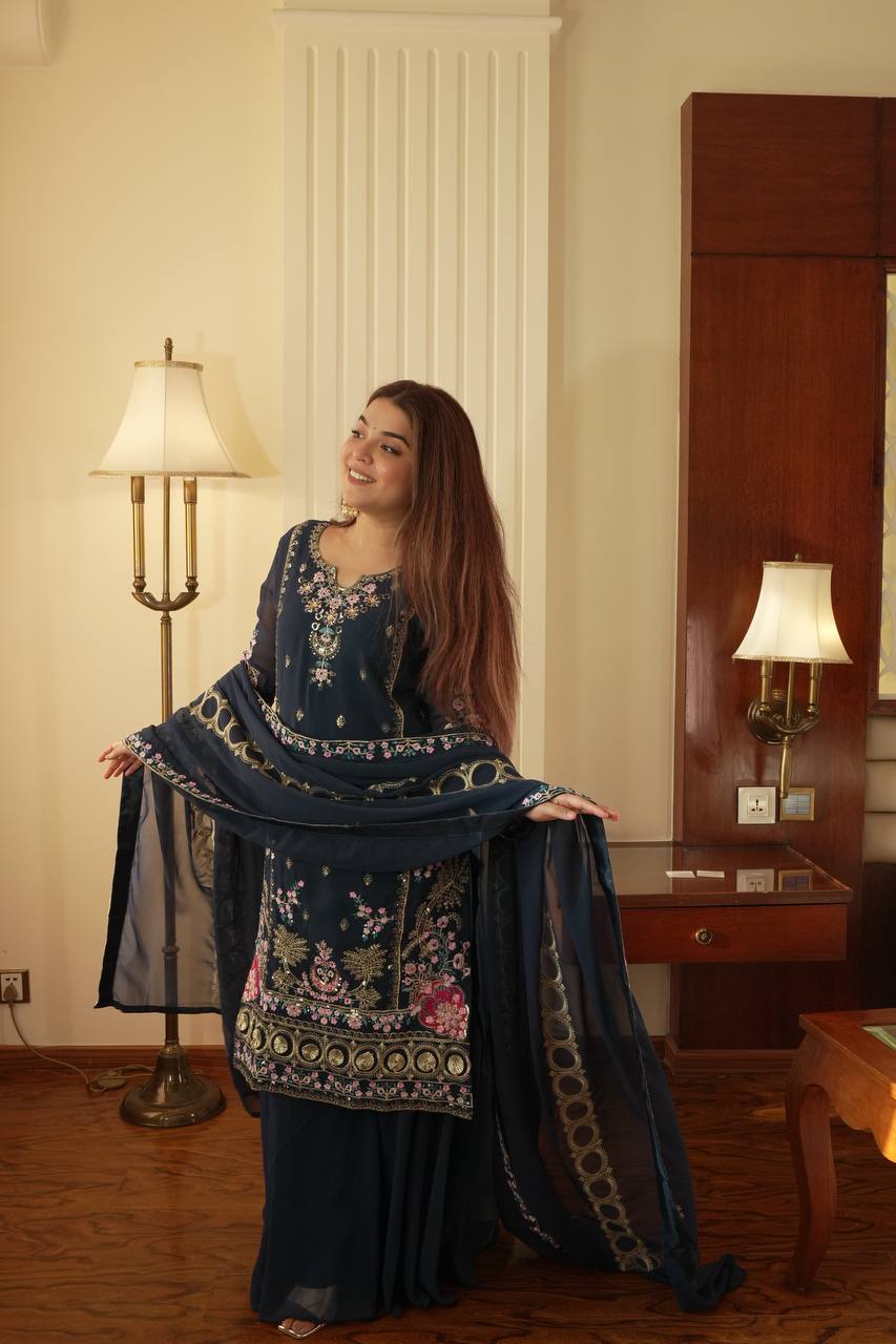 Navy blue georgette sequence embroidery work kurti palazzo and dupatta