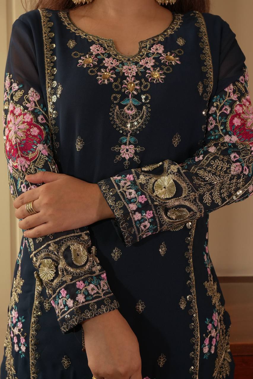 Navy blue georgette sequence embroidery work kurti palazzo and dupatta