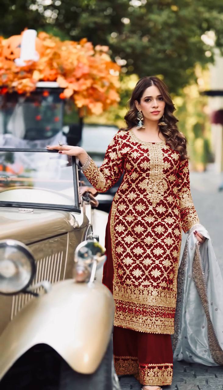 Red georgette with chain stitch embroidery sequence top-palazzo and dupatta