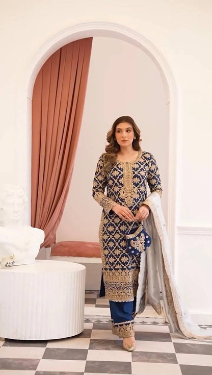 Navy blue georgette with chain stitch embroidery sequence top-palazzo and dupatta