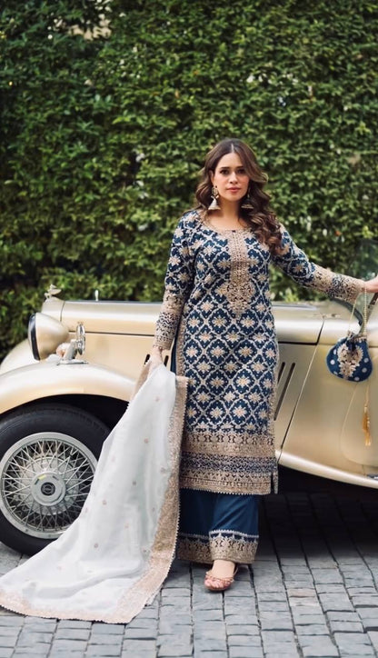 Navy blue georgette with chain stitch embroidery sequence top-palazzo and dupatta