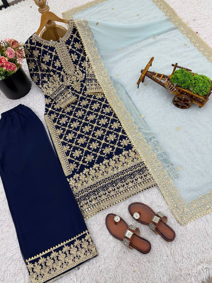 Navy blue georgette with chain stitch embroidery sequence top-palazzo and dupatta