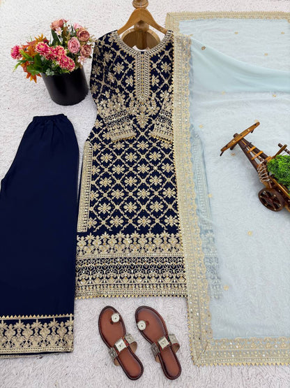 Navy blue georgette with chain stitch embroidery sequence top-palazzo and dupatta