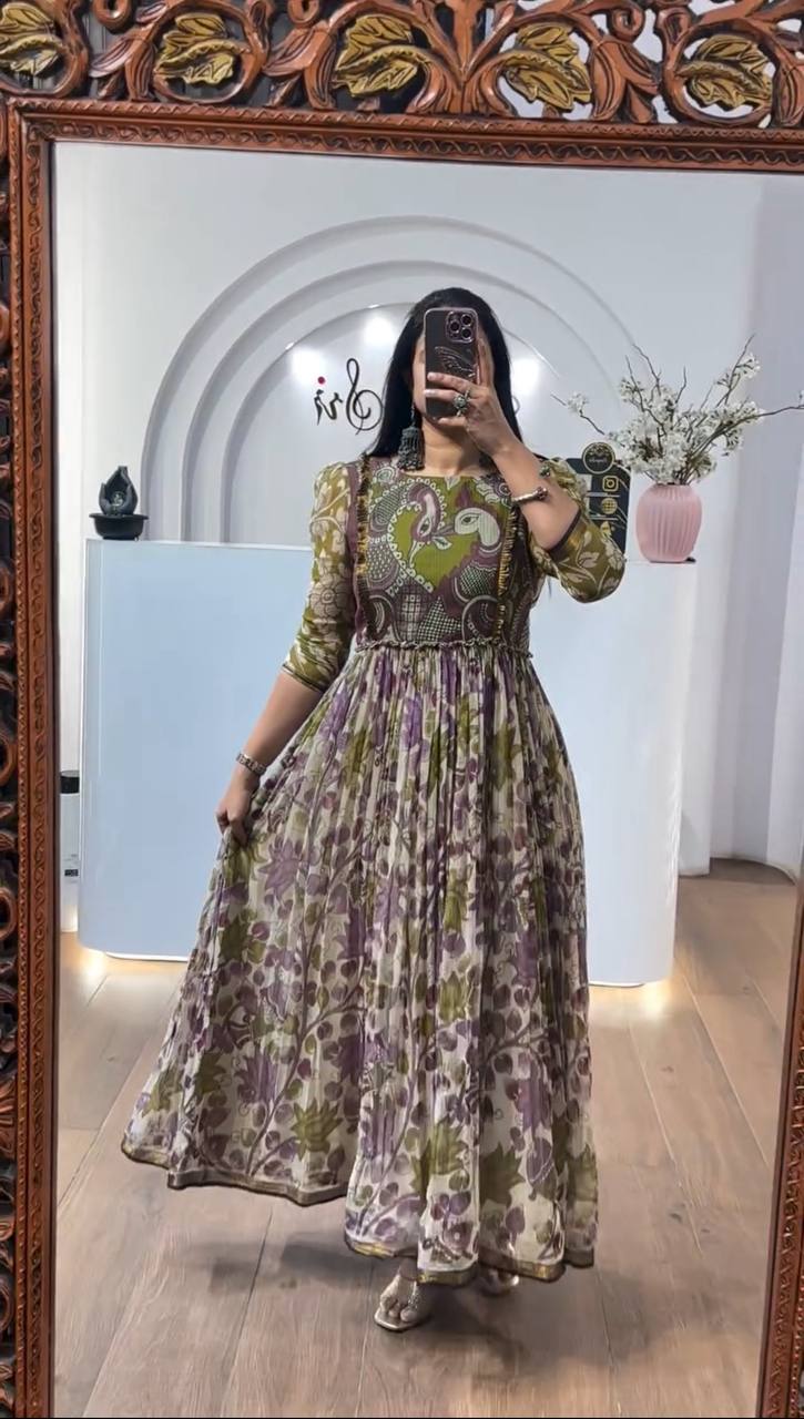 Multicolour cota checks kalamkari print gown