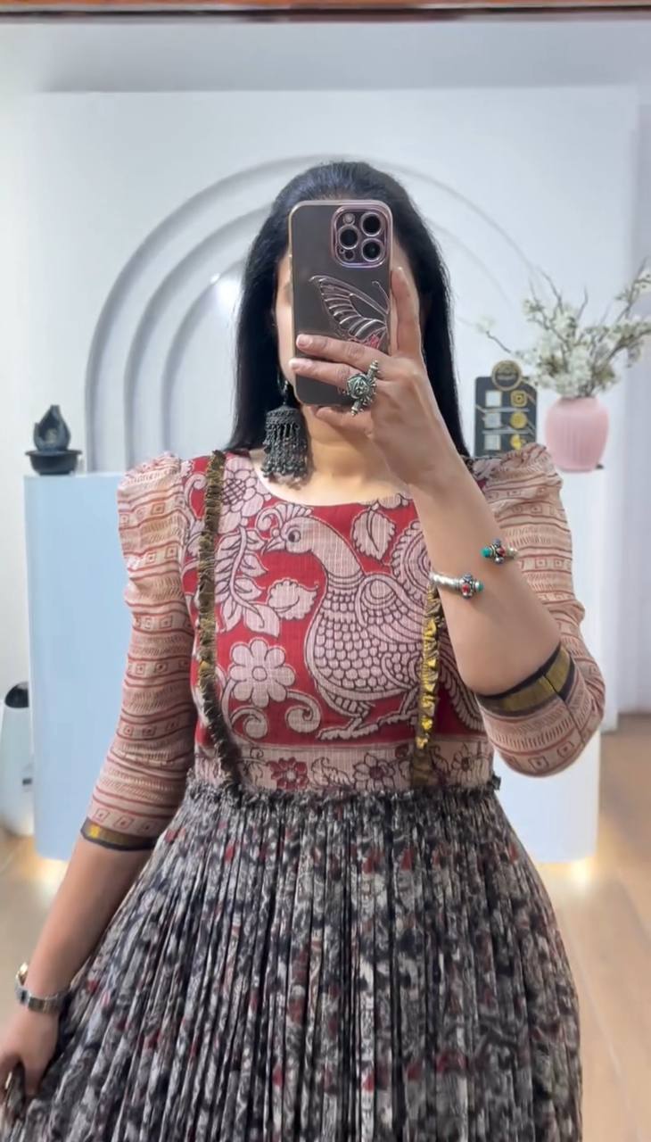 Multicolour cota checks kalamkari print gown