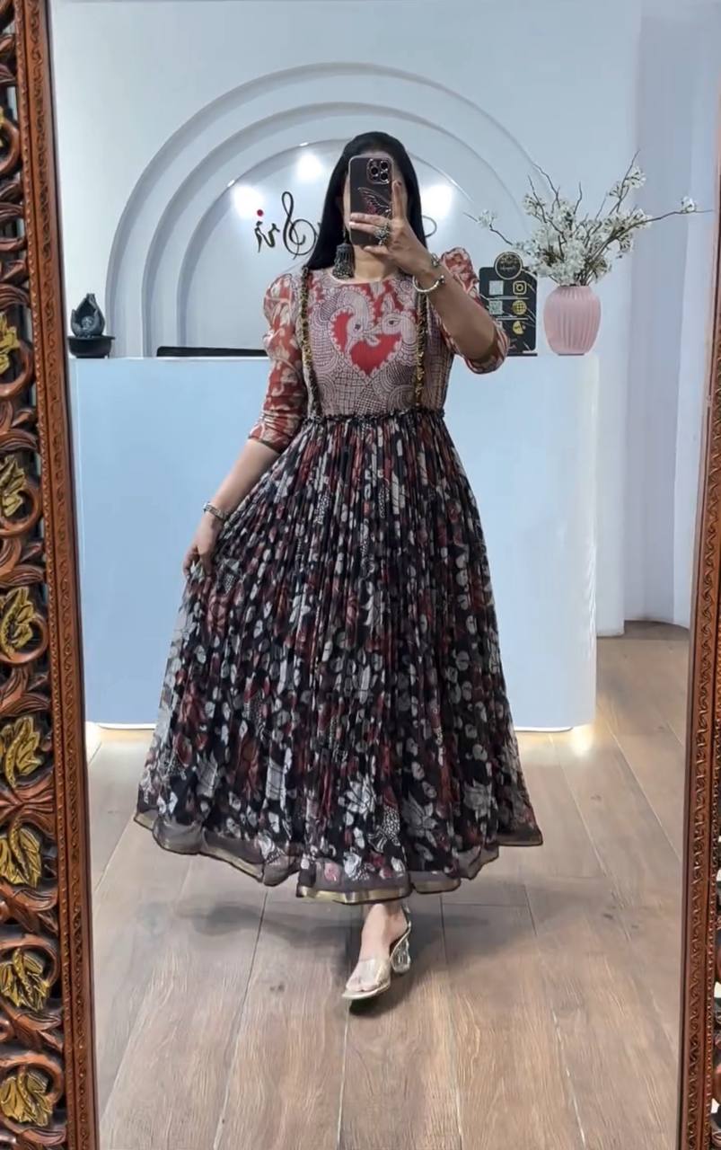 Multicolour cota checks kalamkari print gown