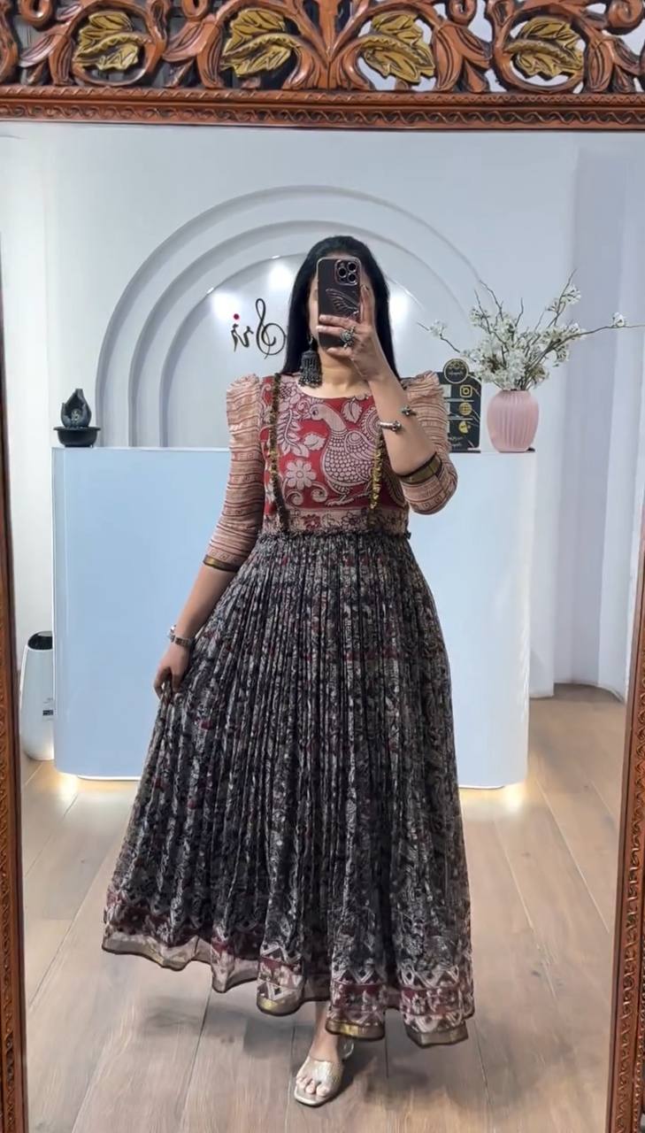 Multicolour cota checks kalamkari print gown
