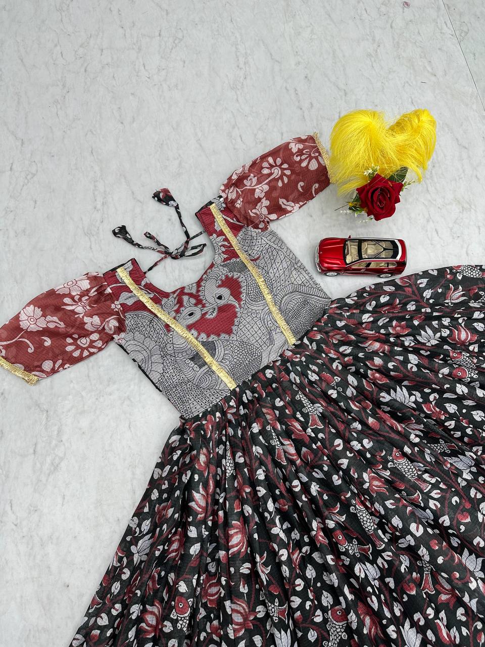 Multicolour cota checks kalamkari print gown