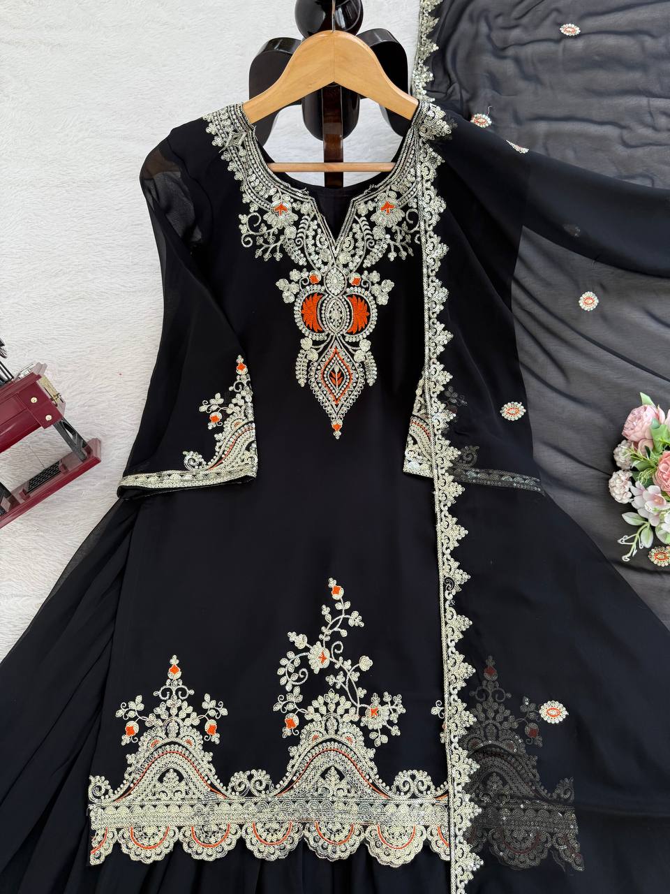 Black faux georgette thread & sequence work top-sharara and dupatta set