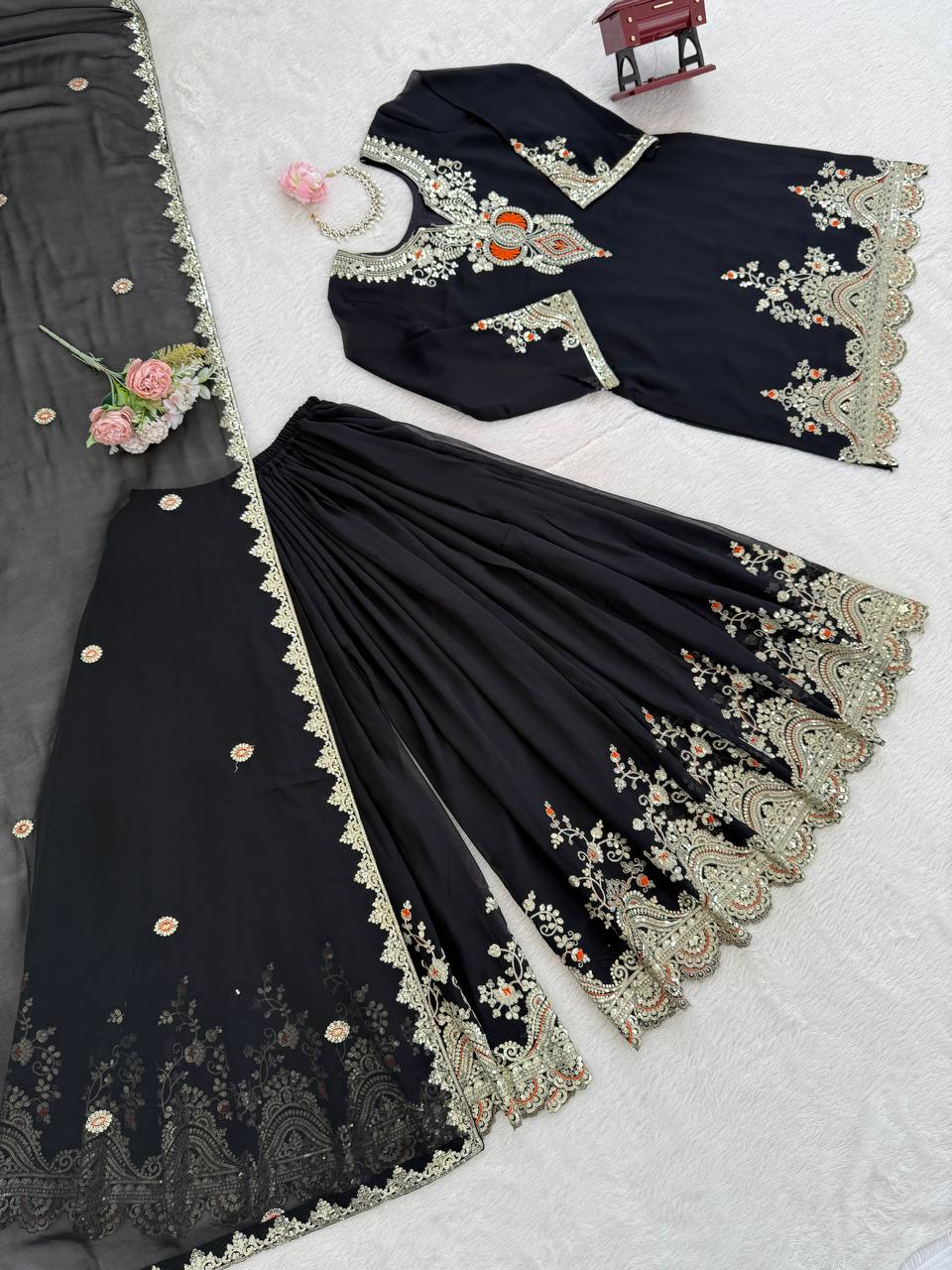 Black faux georgette thread & sequence work top-sharara and dupatta set