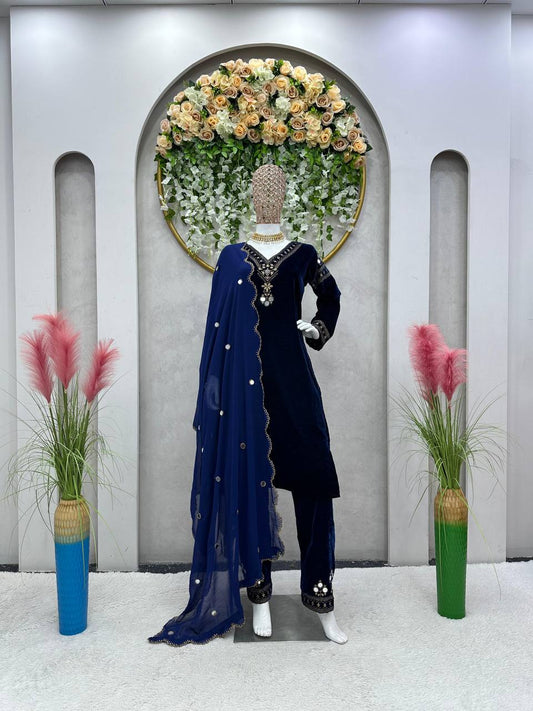 Navy blue velvet thread work suit-pant and dupatta set